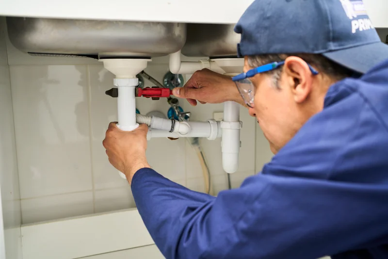 Home Inspection: Checking the Plumbing | Buyer's Guide Plumber in safety glasses inspecting and tightening pipes under a kitchen sink
