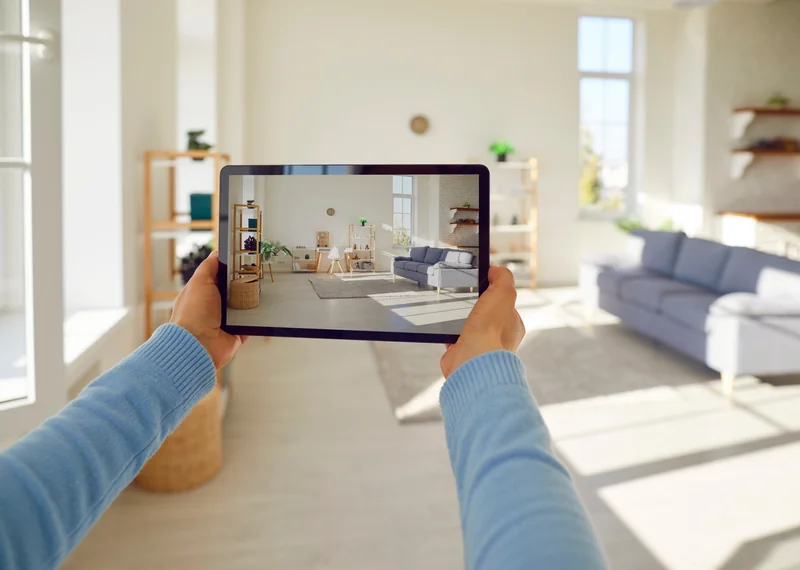Virtual Home Tour on a Tablet | Buyer's Guide Homebuyer holding a tablet showing a virtual tour of a bright, modern living room