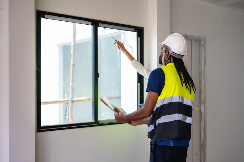 A home inspector in a hard hat and safety vest checking a window during a home inspection